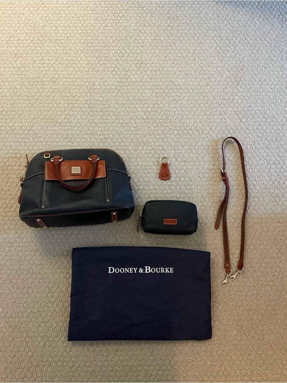 Dooney & Bourke Midnight Blue Hand Bag with Brown Leather Trim